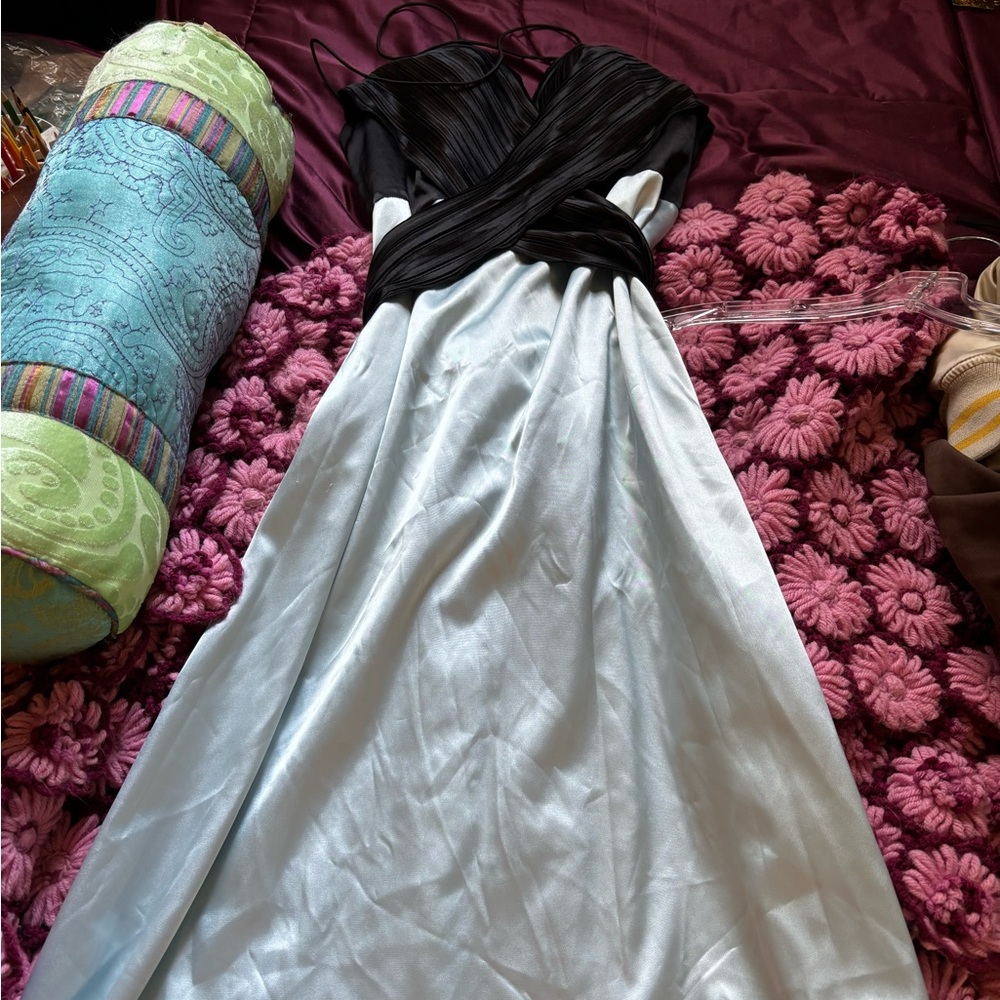 Milano light blue dress with black tie that is reversible
